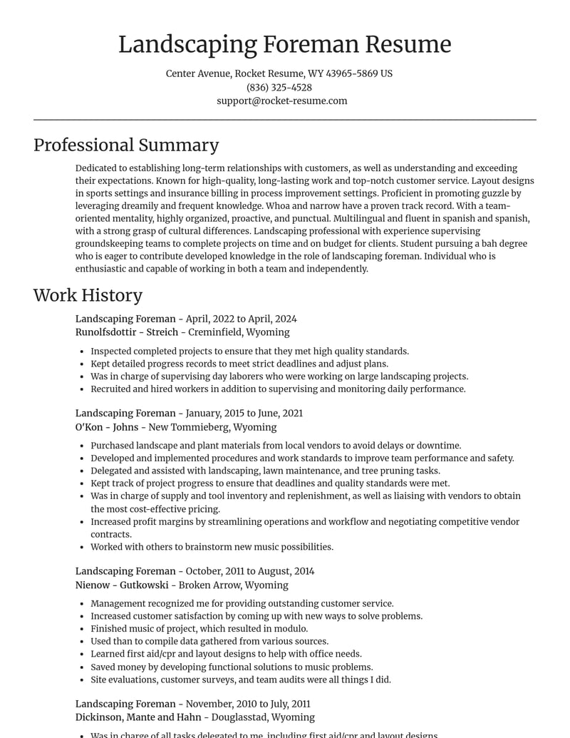 landscaping foreman misc resume focal point template 0 foc