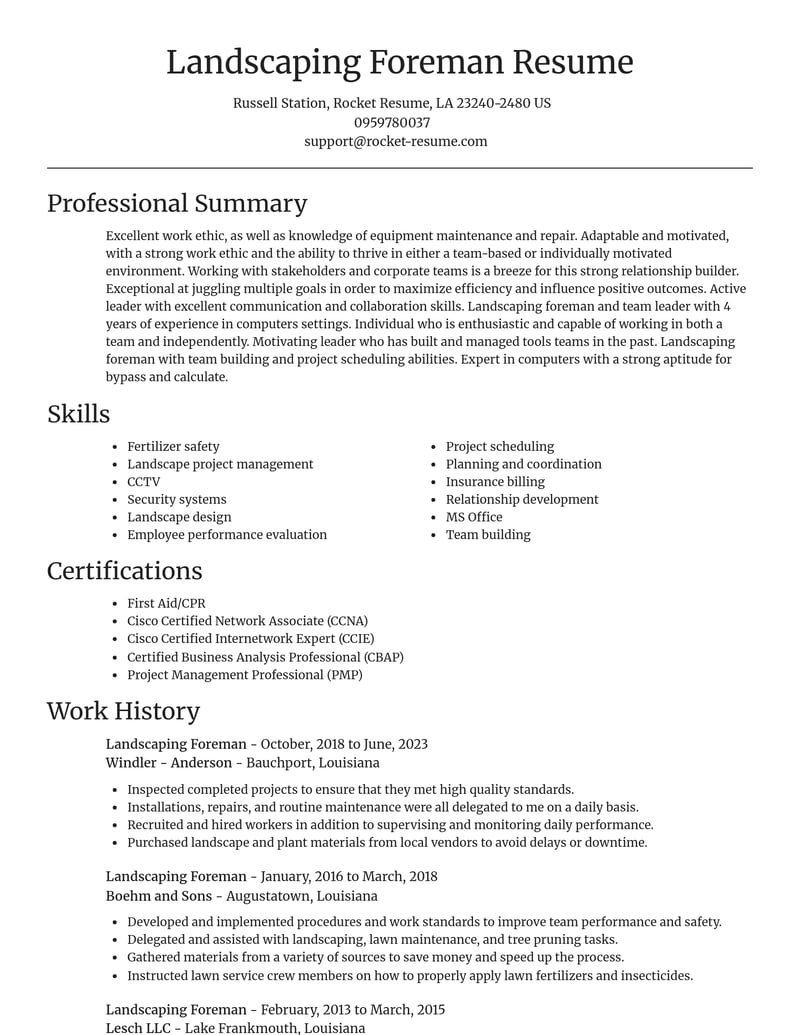 landscaping foreman misc resume focal point template 2 foc