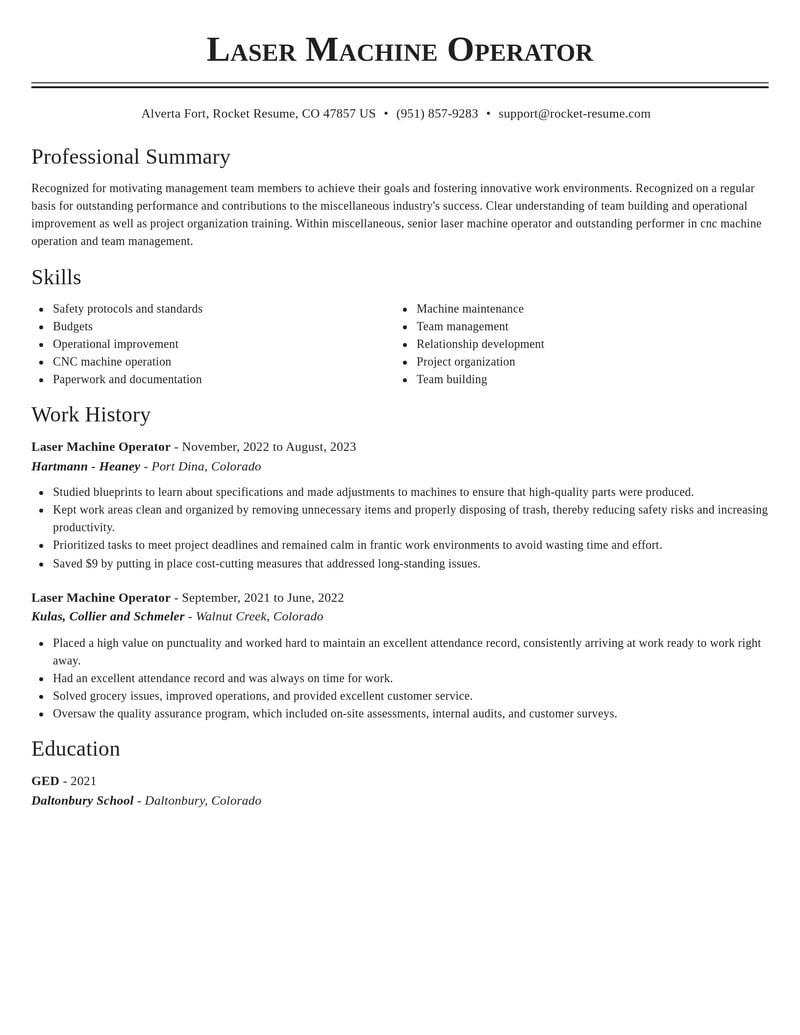 laser machine operator misc resume classic template 2 cla