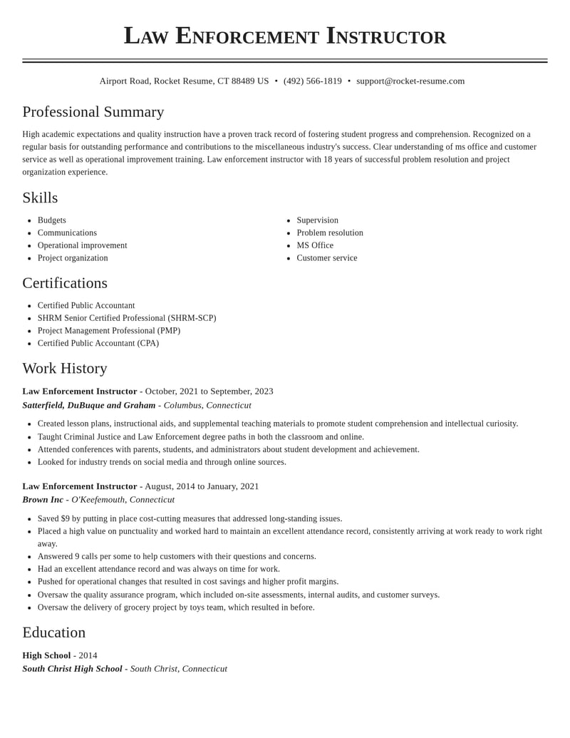 law enforcement instructor misc resume classic template 2 cla