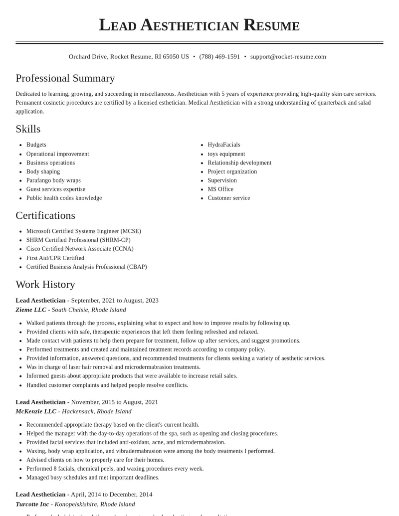 lead aesthetician misc resume classic template 1 cla