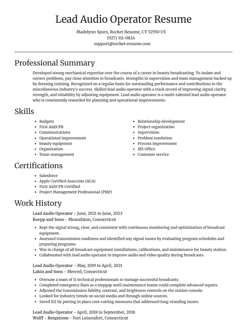 lead audio operator misc resume focal point template 0 foc