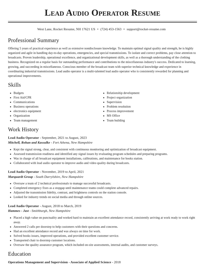 lead audio operator misc resume classic template 2 cla