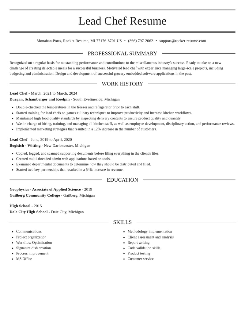 lead chef misc resume elegant template 1 ele