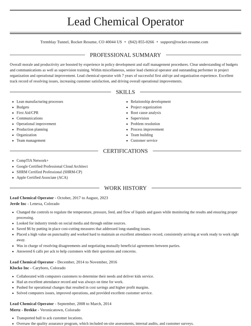 lead chemical operator misc resume elegant template 0 ele