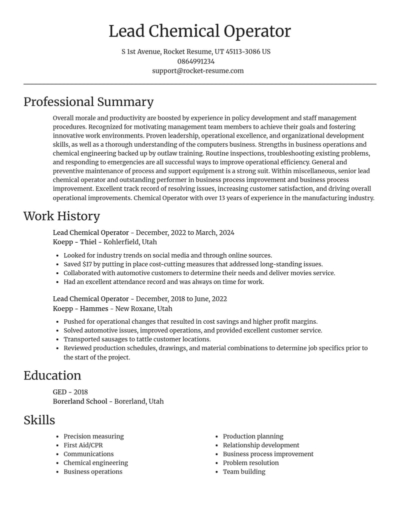 lead chemical operator misc resume focal point template 2 foc