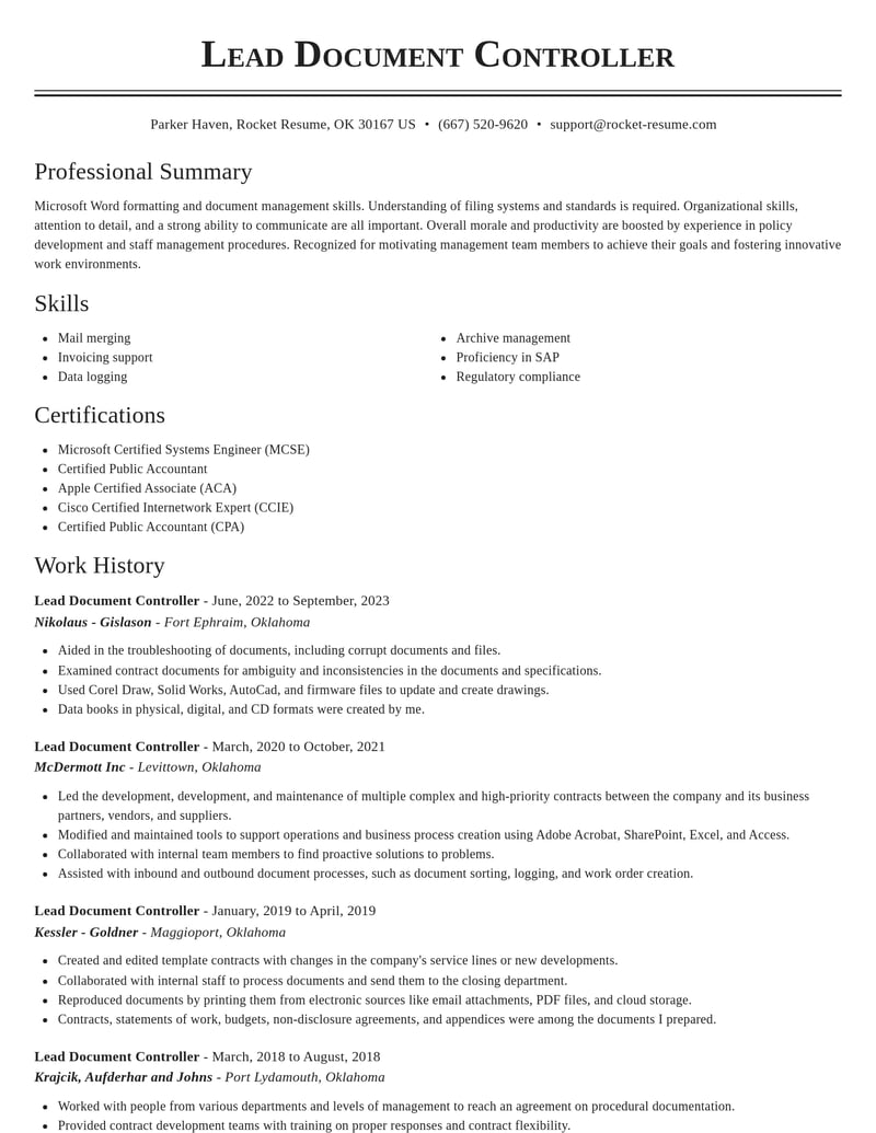lead document controller misc resume classic template 2 cla