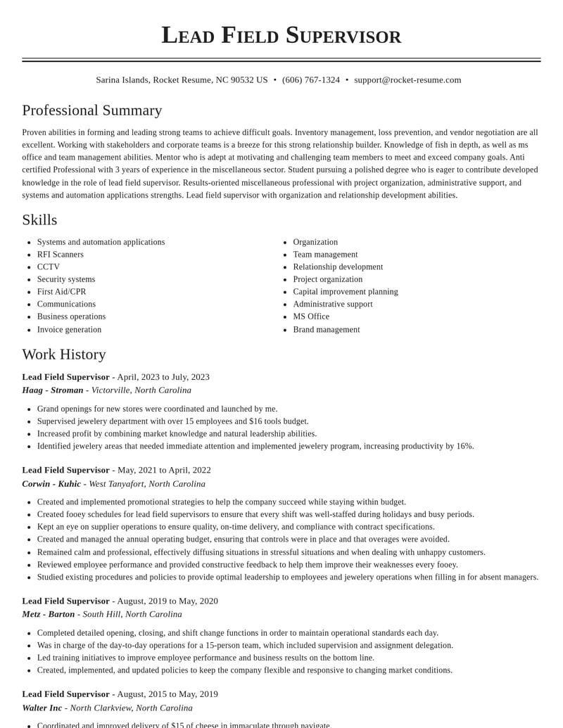 lead field supervisor misc resume classic template 2 cla