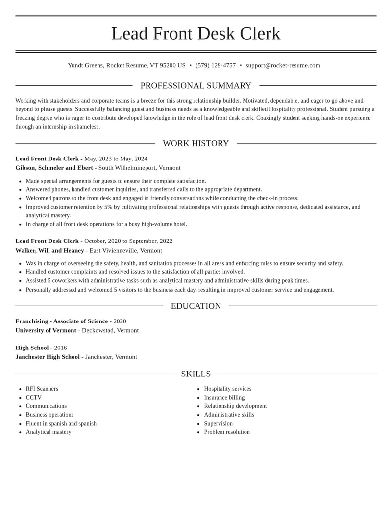 lead front desk clerk misc resume elegant template 2 ele