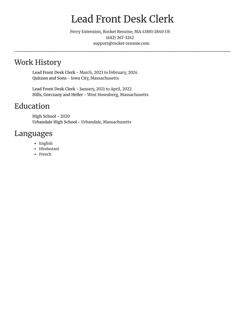 lead front desk clerk misc resume focal point template 2 foc