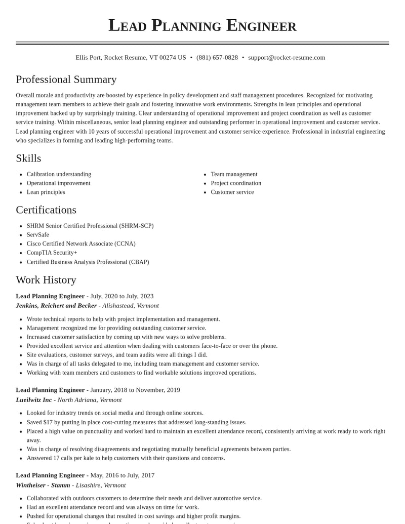 lead planning engineer misc resume classic template 0 cla