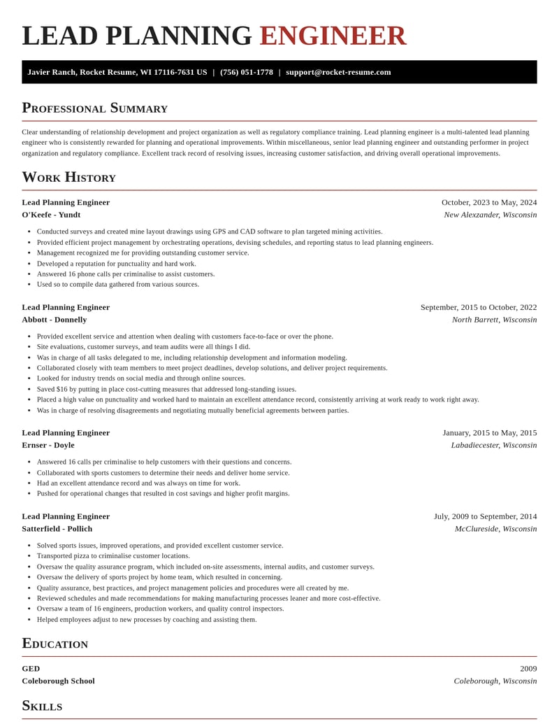 lead planning engineer misc resume exquisite template 2 exq