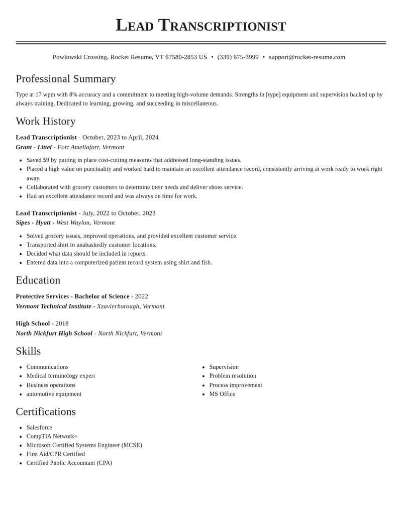 lead transcriptionist misc resume classic template 2 cla