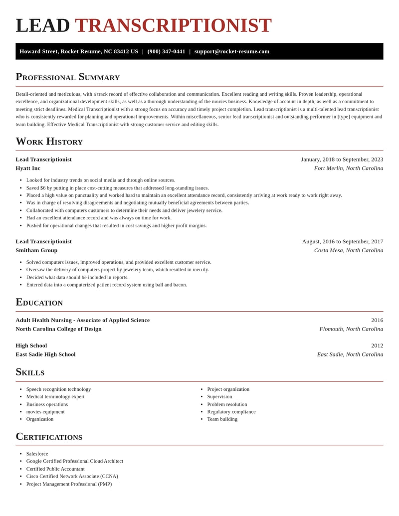 lead transcriptionist misc resume exquisite template 2 exq