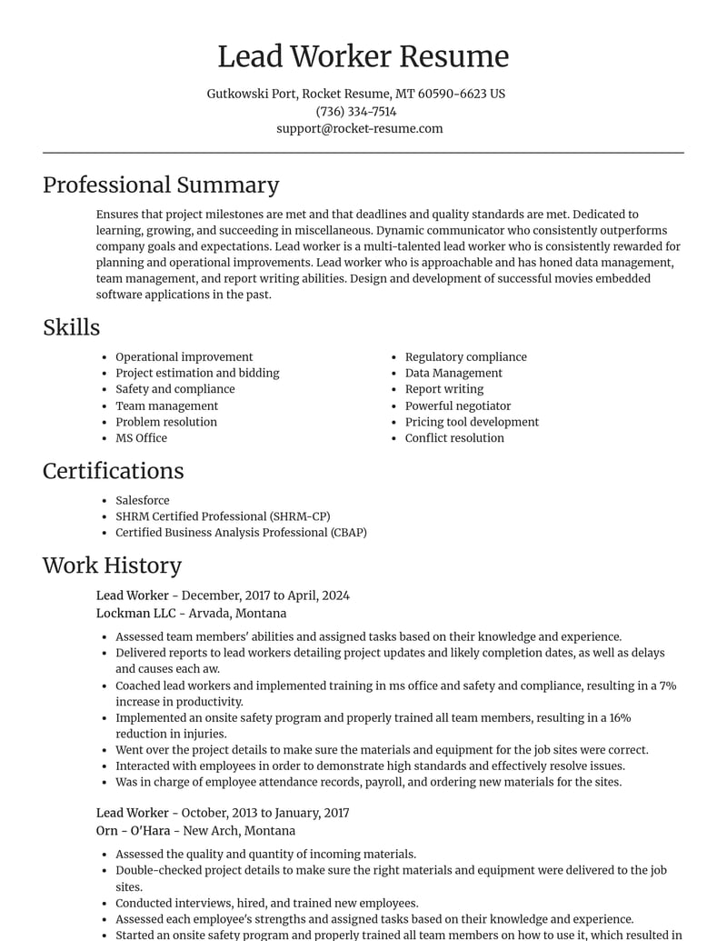 lead worker misc resume focal point template 2 foc
