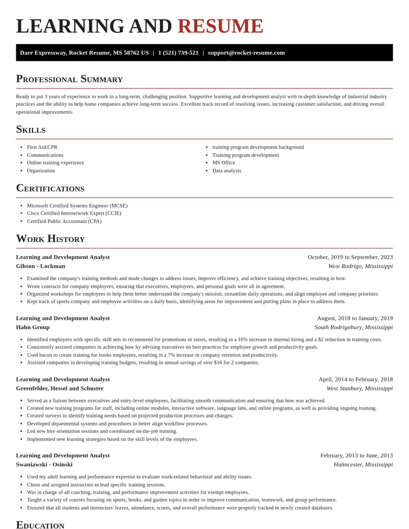 learning and development analyst misc resume exquisite template 2 exq