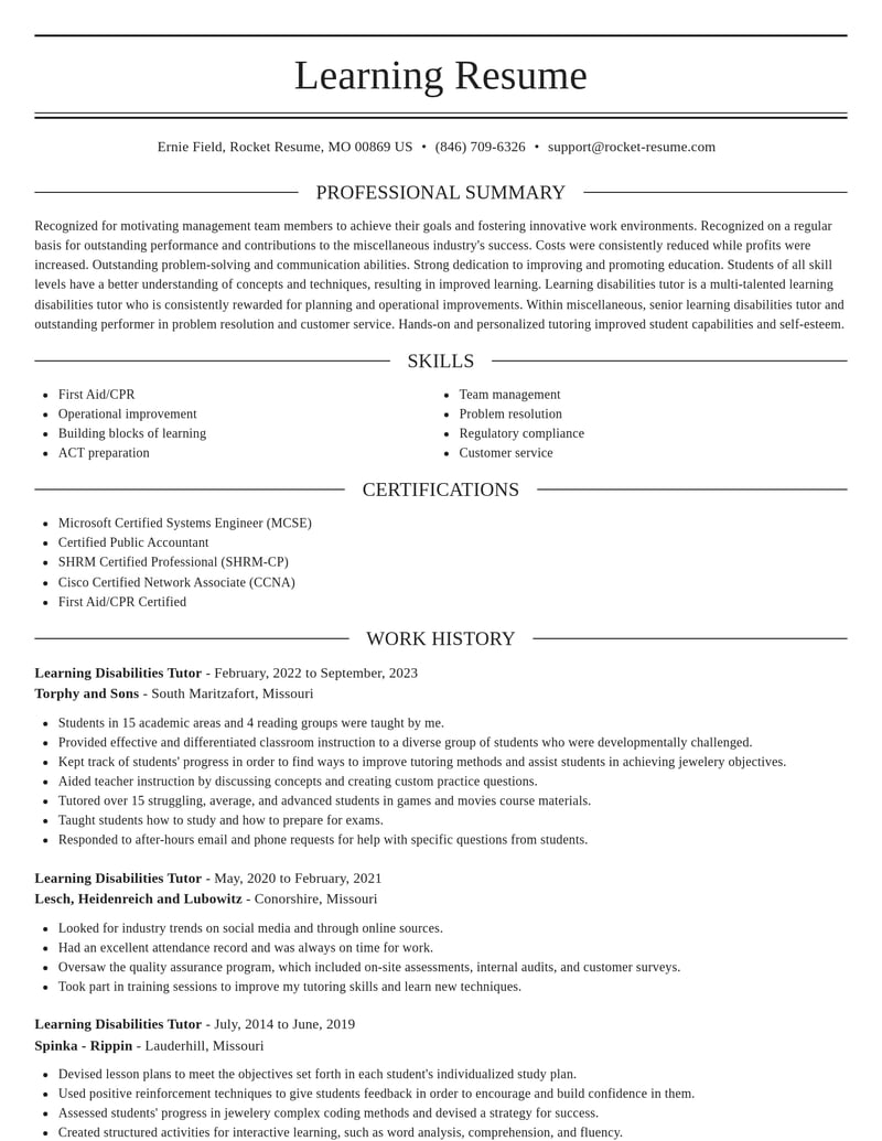 Learning Disability Cv Example Learning Disabilities Tutor Resume Generator | Rocket Resume