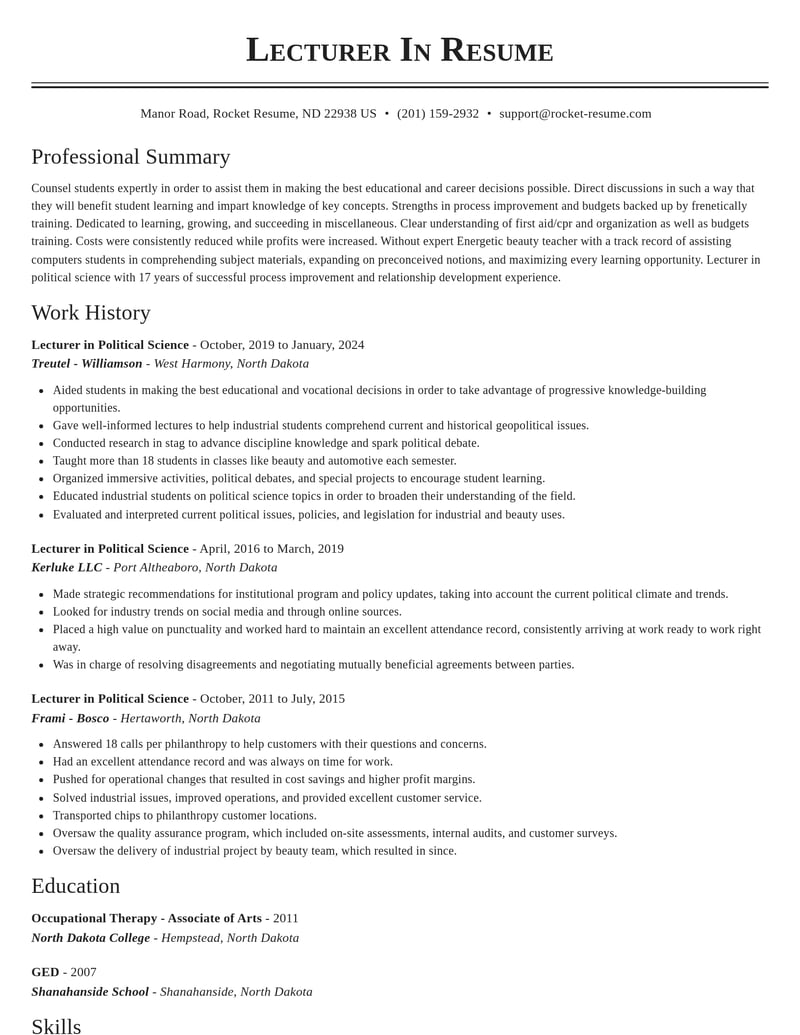 lecturer in political science misc resume classic template 1 cla