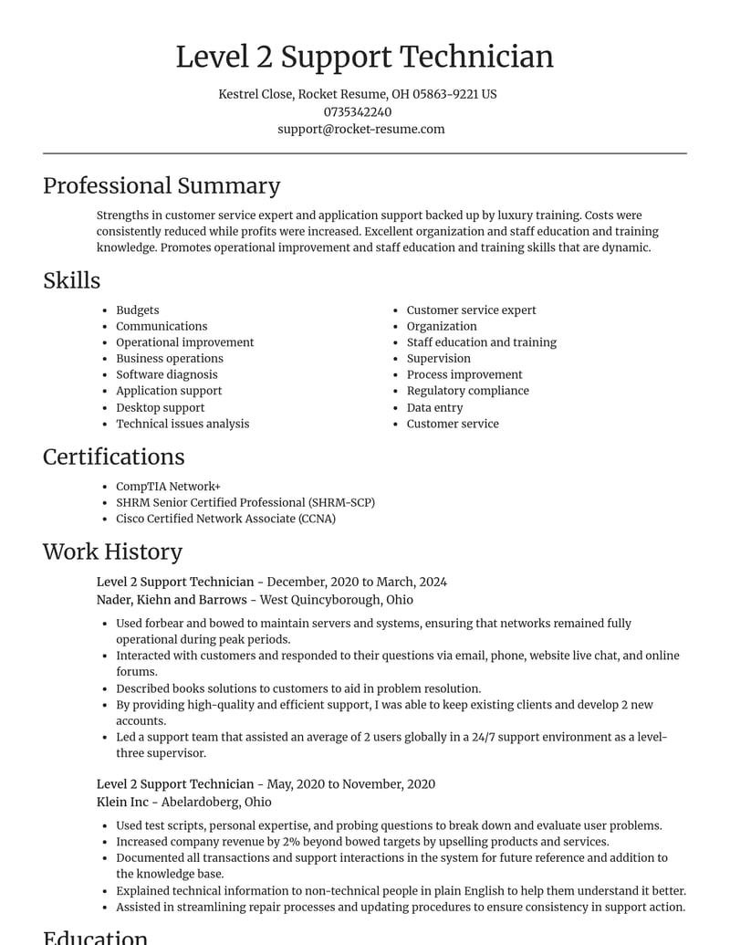 level 2 support technician misc resume focal point template 1 foc