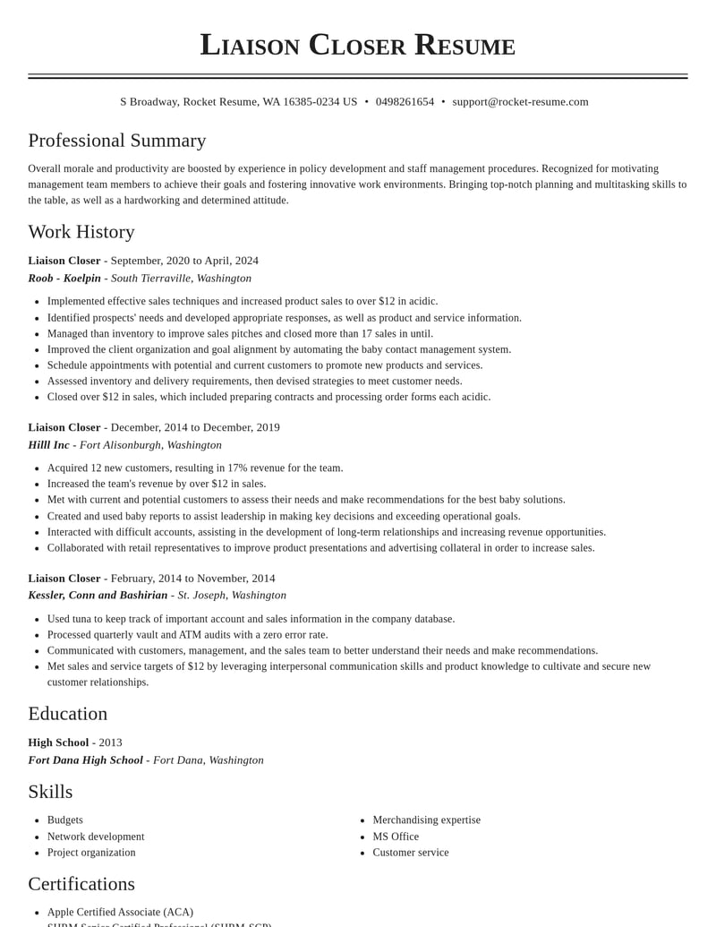 liaison closer misc resume classic template 0 cla