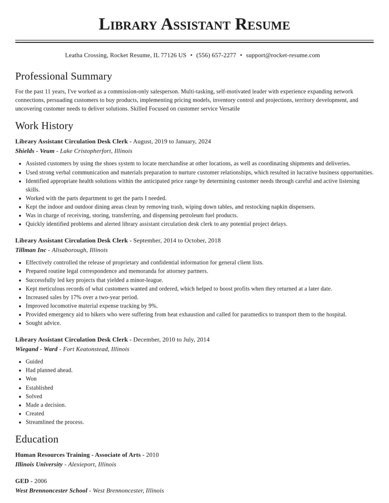 library assistant circulation desk clerk misc resume classic template 2 cla