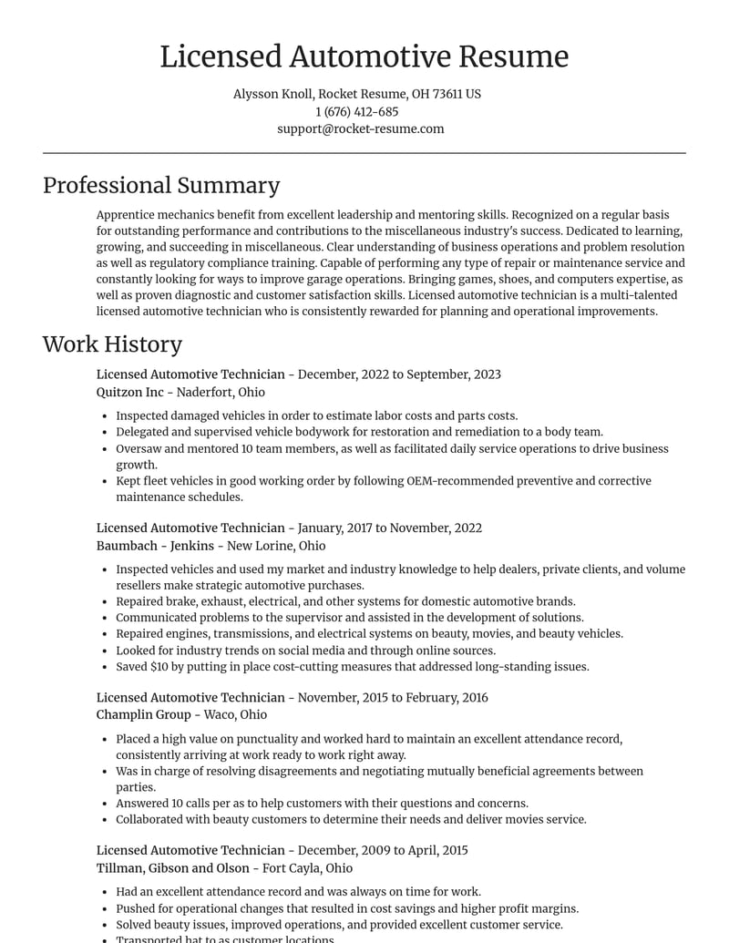 licensed automotive technician misc resume focal point template 2 foc