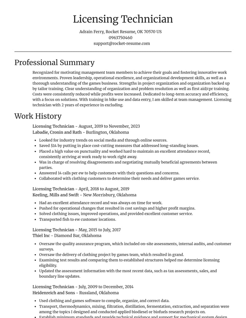 licensing technician misc resume focal point template 1 foc