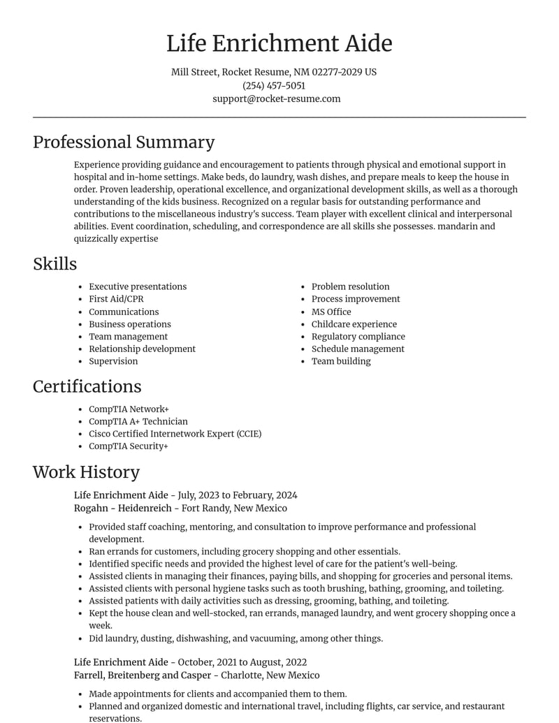 life enrichment aide misc resume focal point template 0 foc