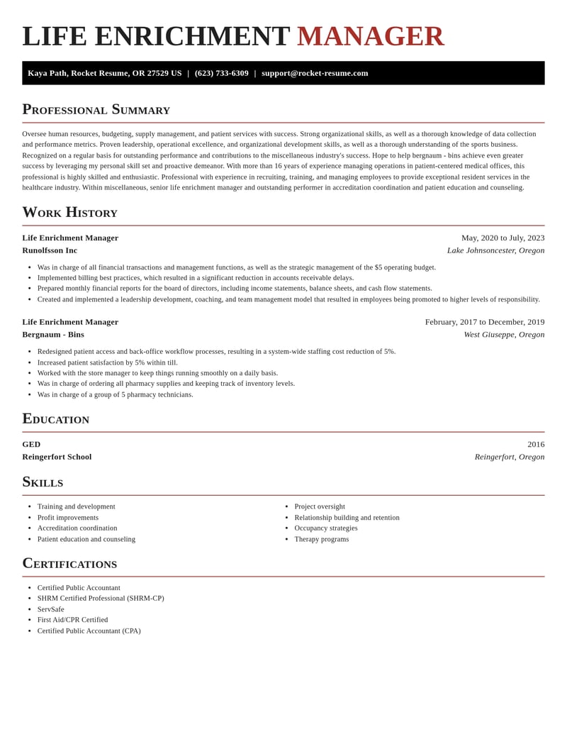 life enrichment manager misc resume exquisite template 1 exq