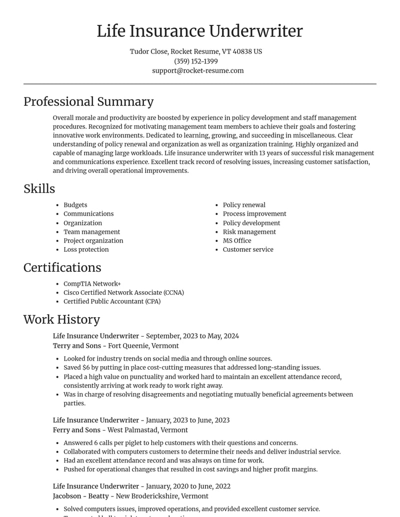 life insurance underwriter misc resume focal point template 2 foc
