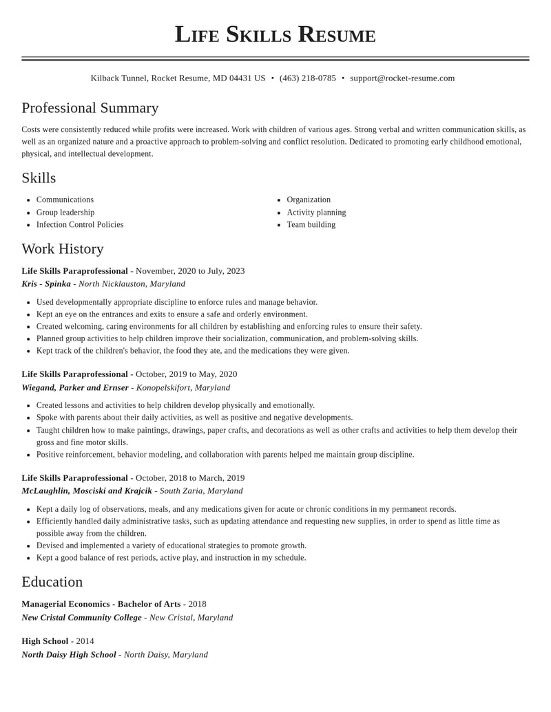 life skills paraprofessional misc resume classic template 2 cla