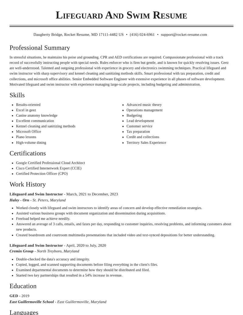 lifeguard and swim instructor misc resume classic template 0 cla