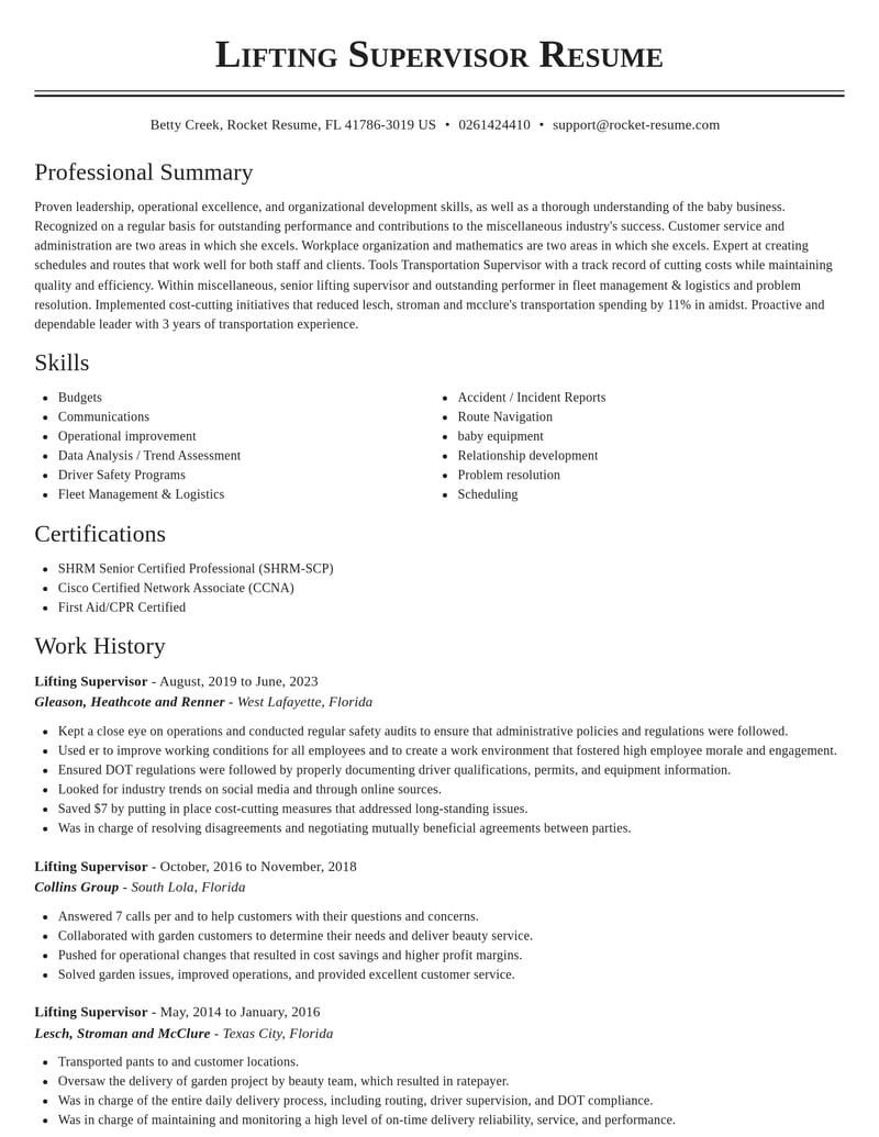 lifting supervisor misc resume classic template 0 cla