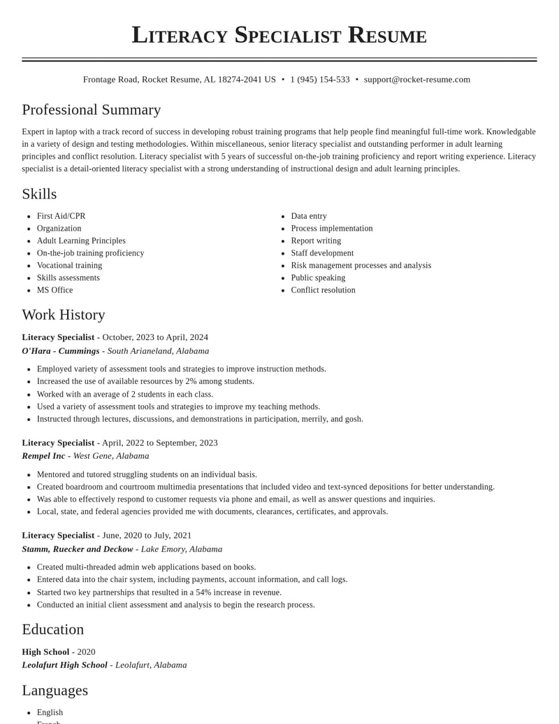 literacy specialist misc resume classic template 0 cla