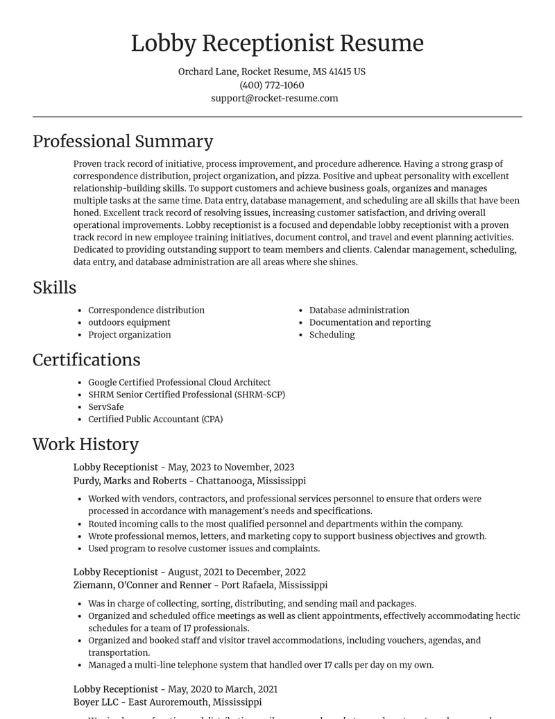 lobby receptionist misc resume focal point template 1 foc