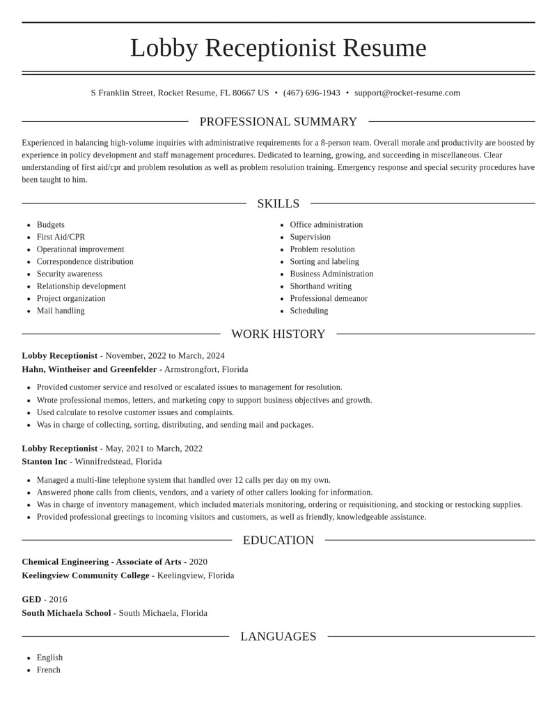 lobby receptionist misc resume elegant template 2 ele