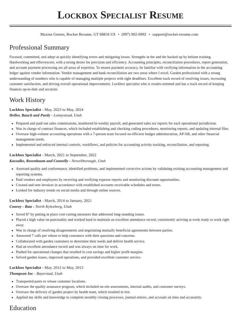 lockbox specialist misc resume classic template 2 cla