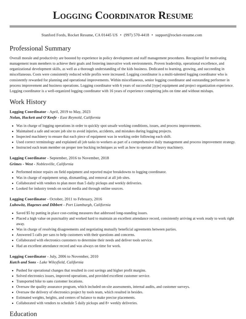 logging coordinator misc resume classic template 0 cla