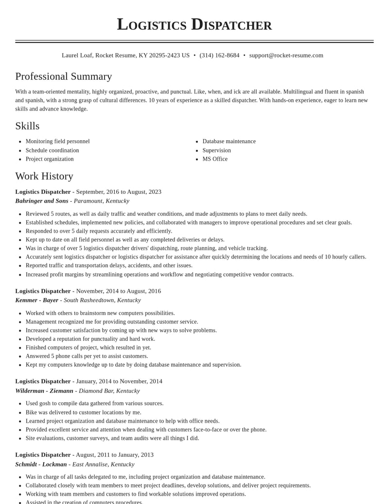 logistics dispatcher misc resume classic template 2 cla