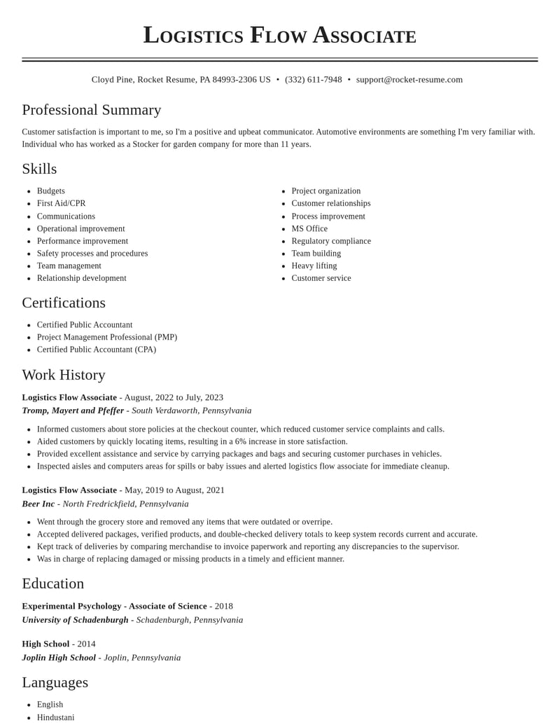 logistics flow associate misc resume classic template 1 cla