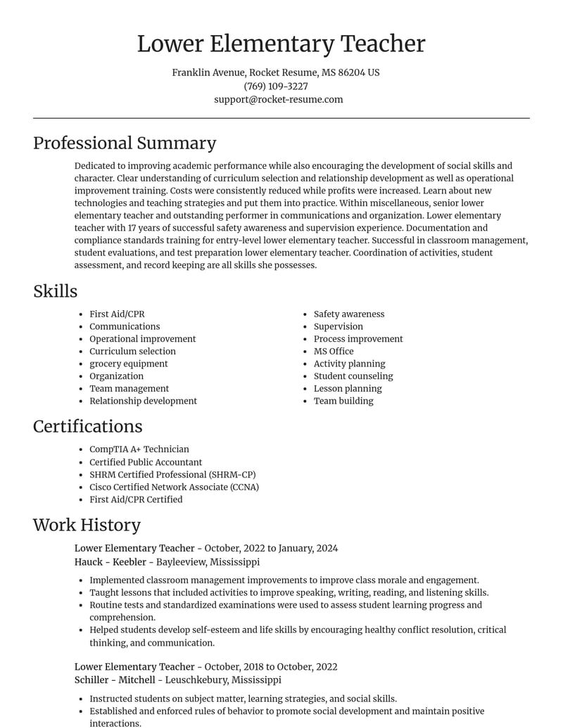 lower elementary teacher misc resume focal point template 2 foc