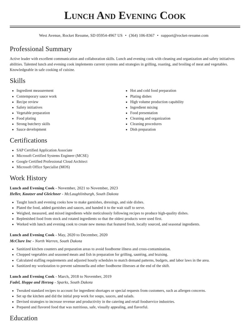 lunch and evening cook misc resume classic template 0 cla