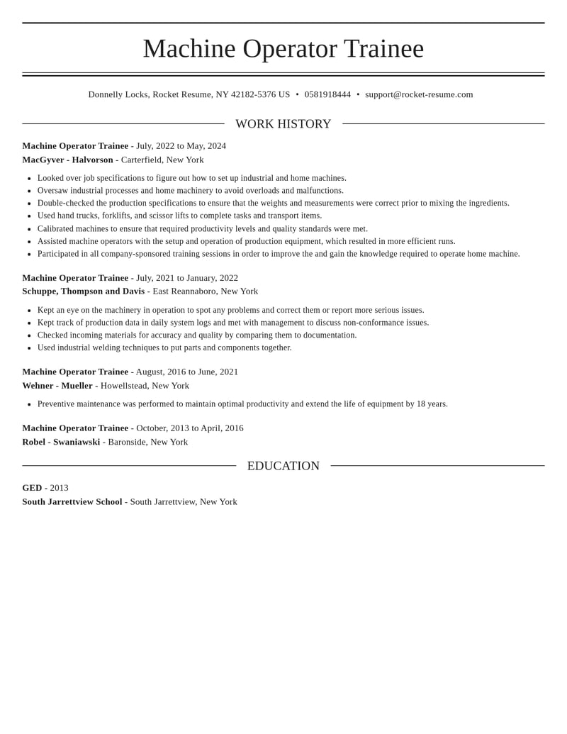 machine operator trainee misc resume elegant template 1 ele