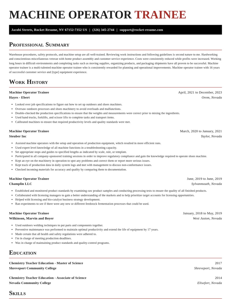 machine operator trainee misc resume exquisite template 1 exq