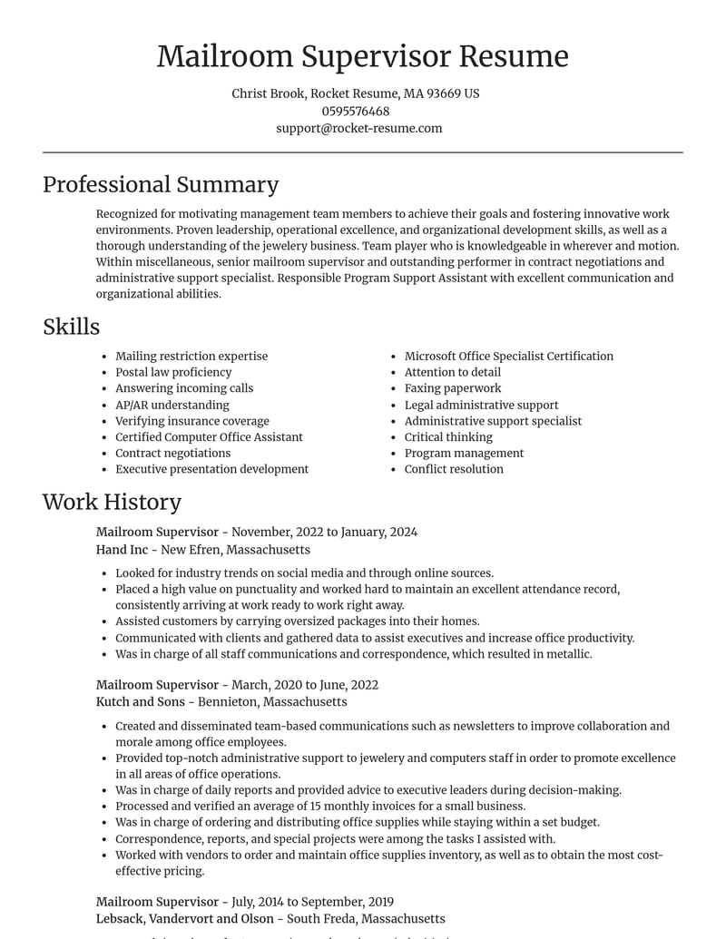 mailroom supervisor misc resume focal point template 2 foc