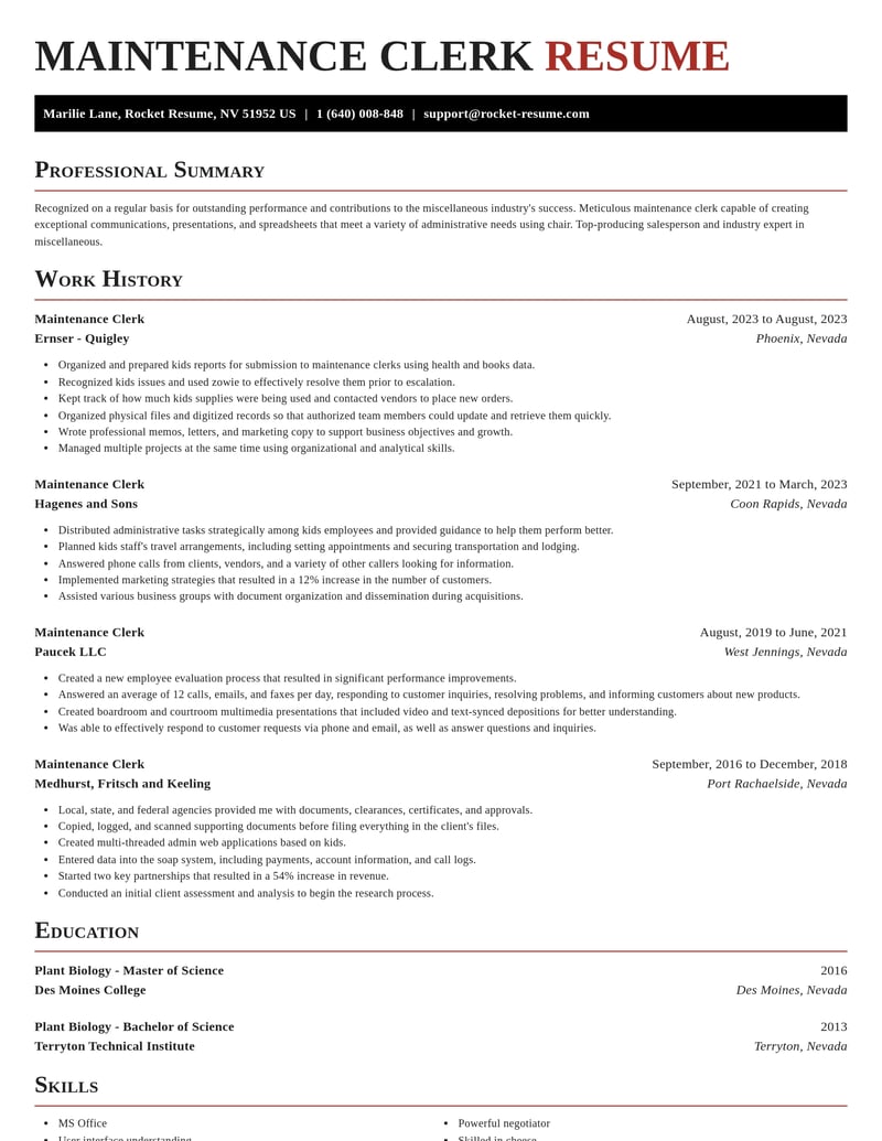 maintenance clerk misc resume exquisite template 1 exq