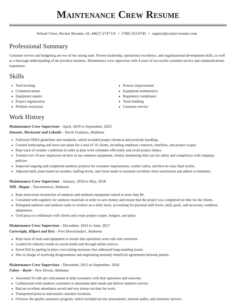 maintenance crew supervisor misc resume classic template 1 cla