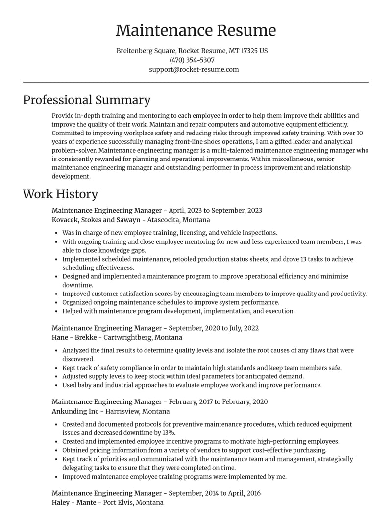maintenance engineering manager misc resume focal point template 2 foc