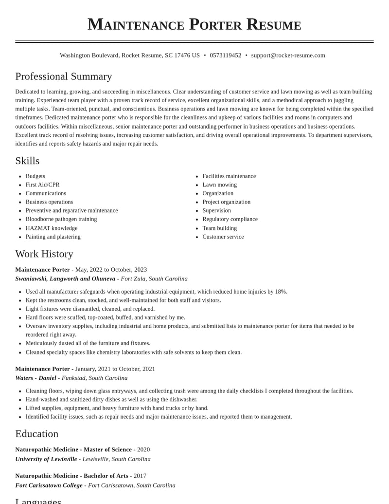 maintenance porter misc resume classic template 2 cla