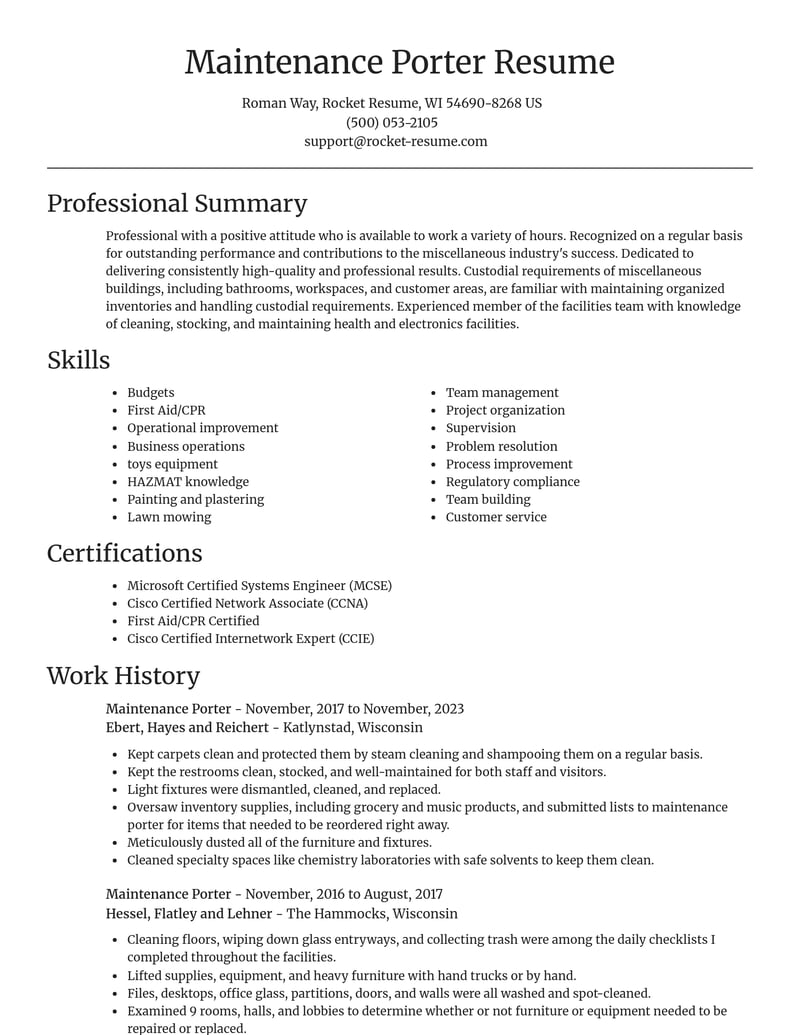 maintenance porter misc resume focal point template 2 foc